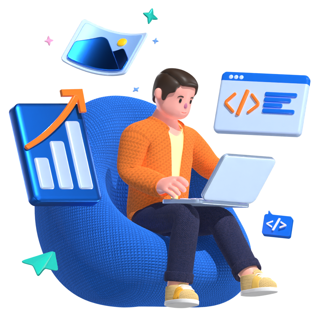 A 3D character doing coding stuff